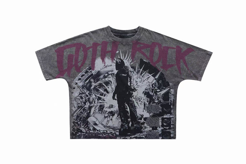 Vintage washed oversized goth rock graphic tee with dark purple lettering and bold black-and-white artwork on charcoal fabric
