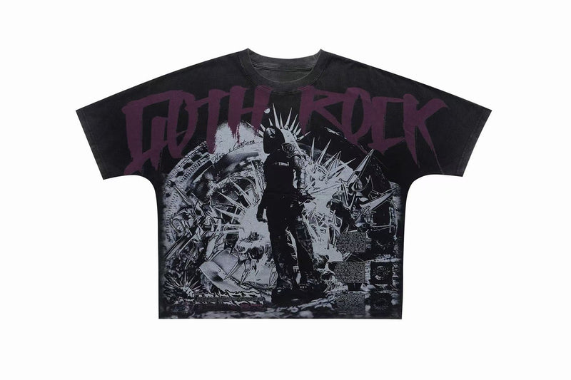 Black oversized vintage washed goth rock tee with purple graphic print and distressed punk artwork