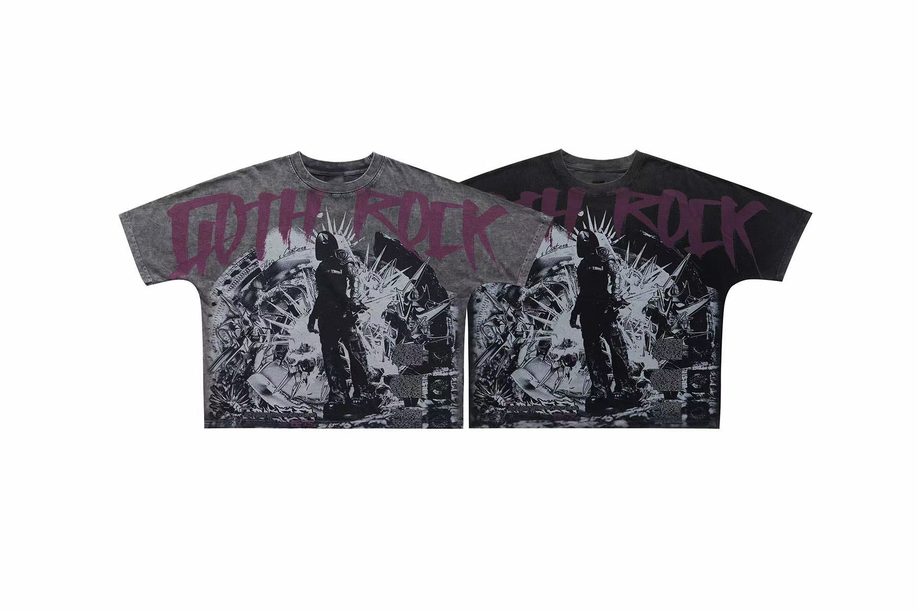 Omirad Goth Rock vintage washed graphic tee in grey and black showing bold gothic lettering and dark industrial all-over prin