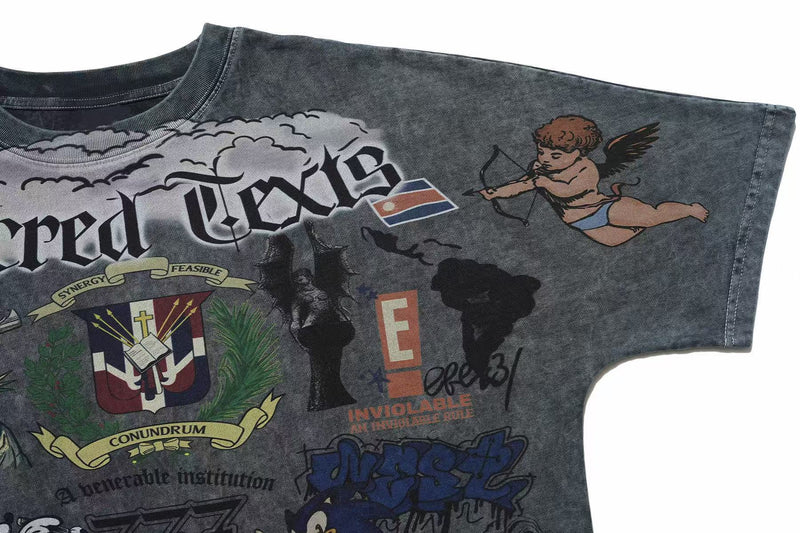 Vintage wash graphic tee with Sacred Chaos collage print, cherub archer, and distressed dark gray fabric