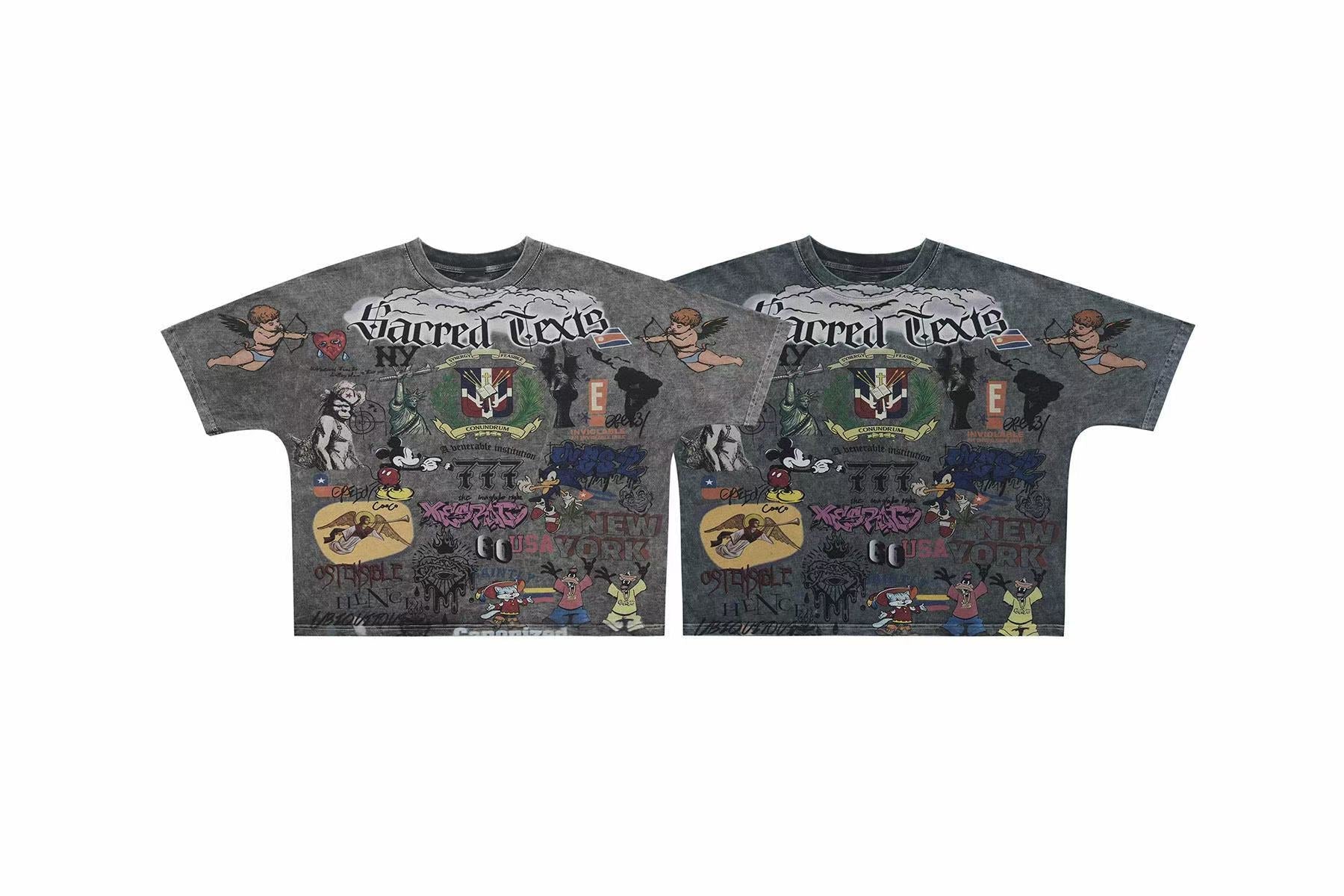 Omirad Sacred Chaos grey acid-wash graphic tee with all-over collage print featuring cherubs, graffiti tags, and retro cartoo