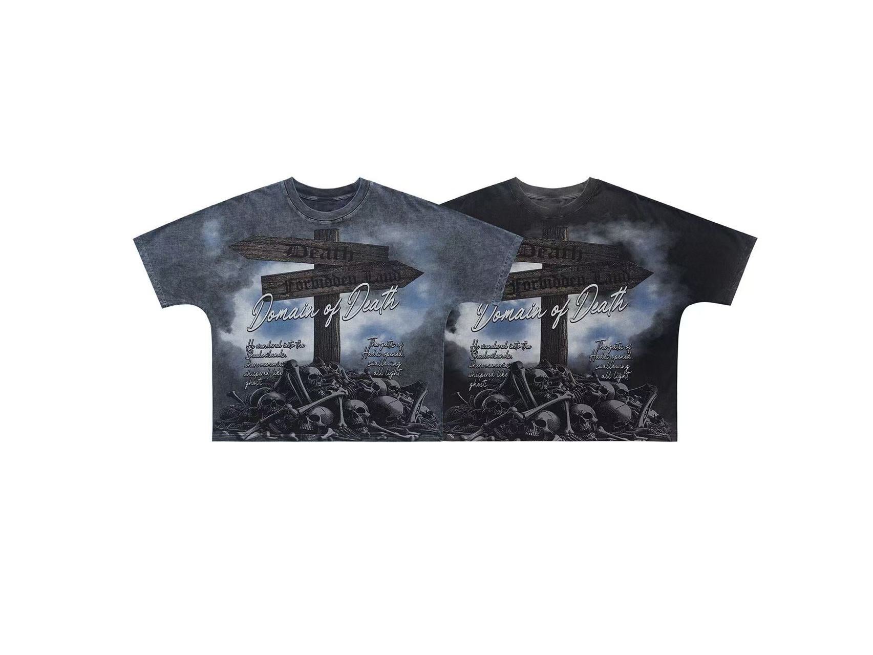 Omirad Domain of Death oversized graphic tee in washed black with skull and crossroads all-over print