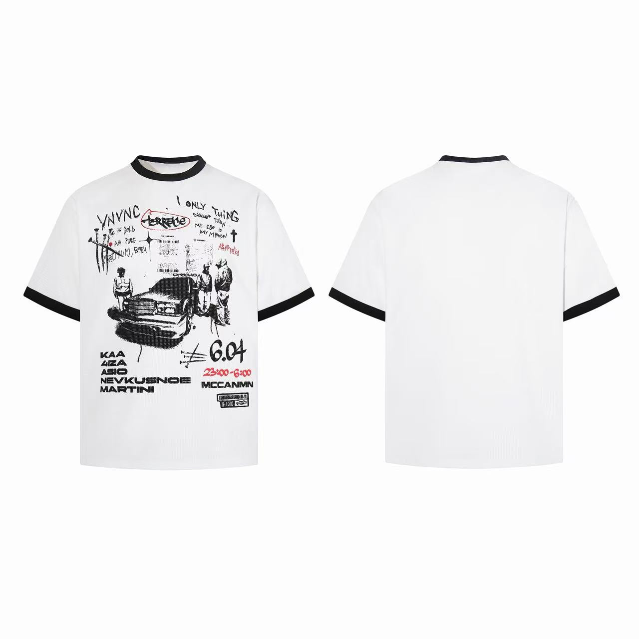 White ringer graphic tee with vintage car scene, graffiti text, and street art print on the front, shown front and back