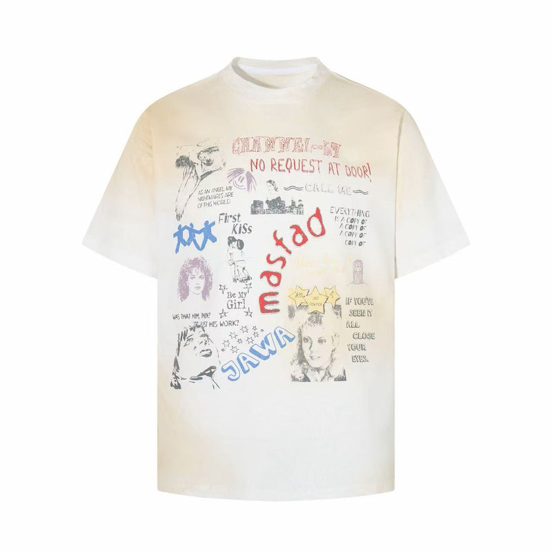 Cream retro streetwear graphic tee with mixed collage prints, handwritten slogans, and faded vintage-style illustrations