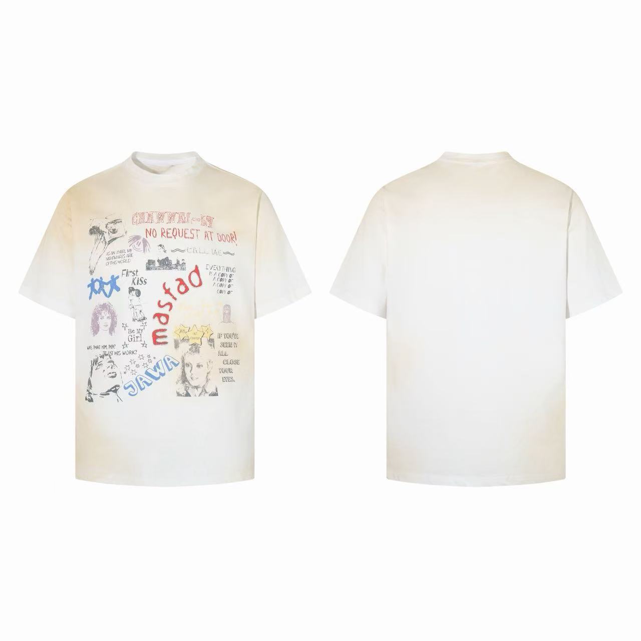 Omirad Mixed Signals cream washed graphic tee with collage print featuring sketches, doodles, and text fragments, front and b
