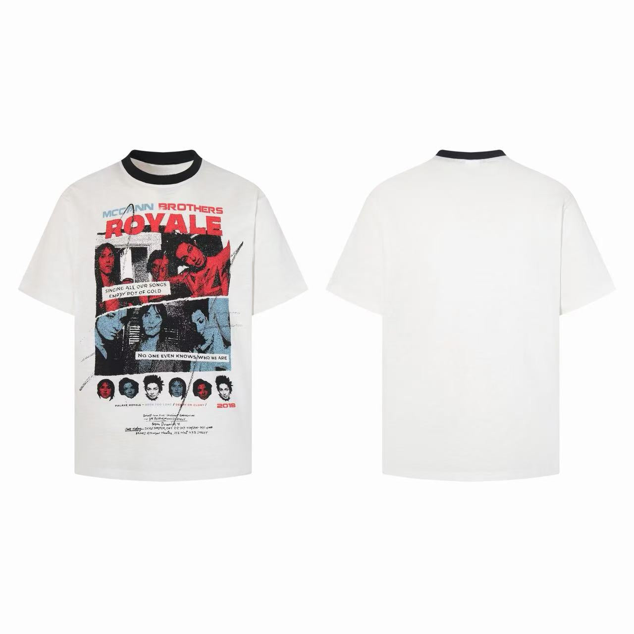 White relaxed-fit graphic tee with vintage band poster print, contrast black collar, red and blue duotone design, front and b