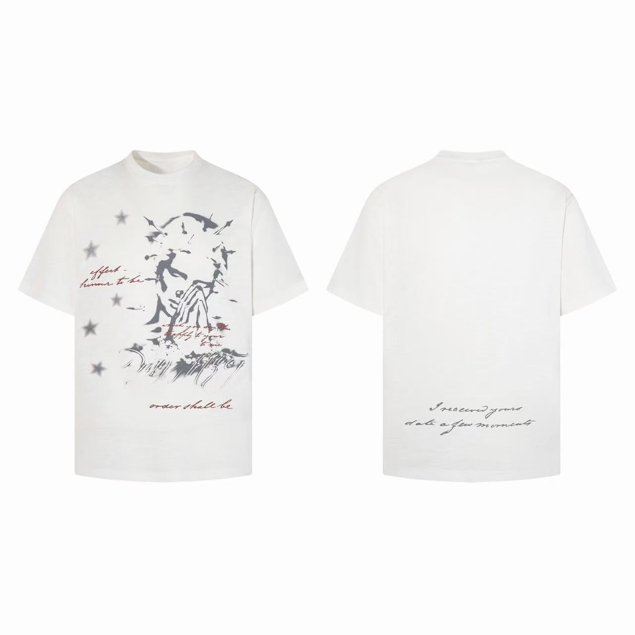 Omirad Silent Prayer white graphic tee front and back showing praying figure print, star elements, and red handwritten script