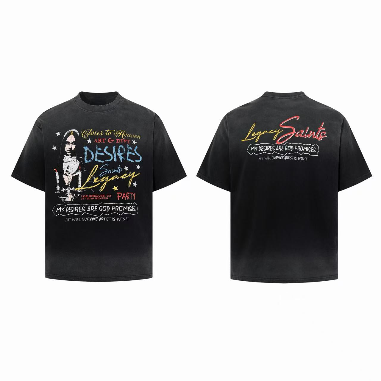 Black washed cotton graphic tee with saint portrait and multicolor Legacy Saints typography on front and back