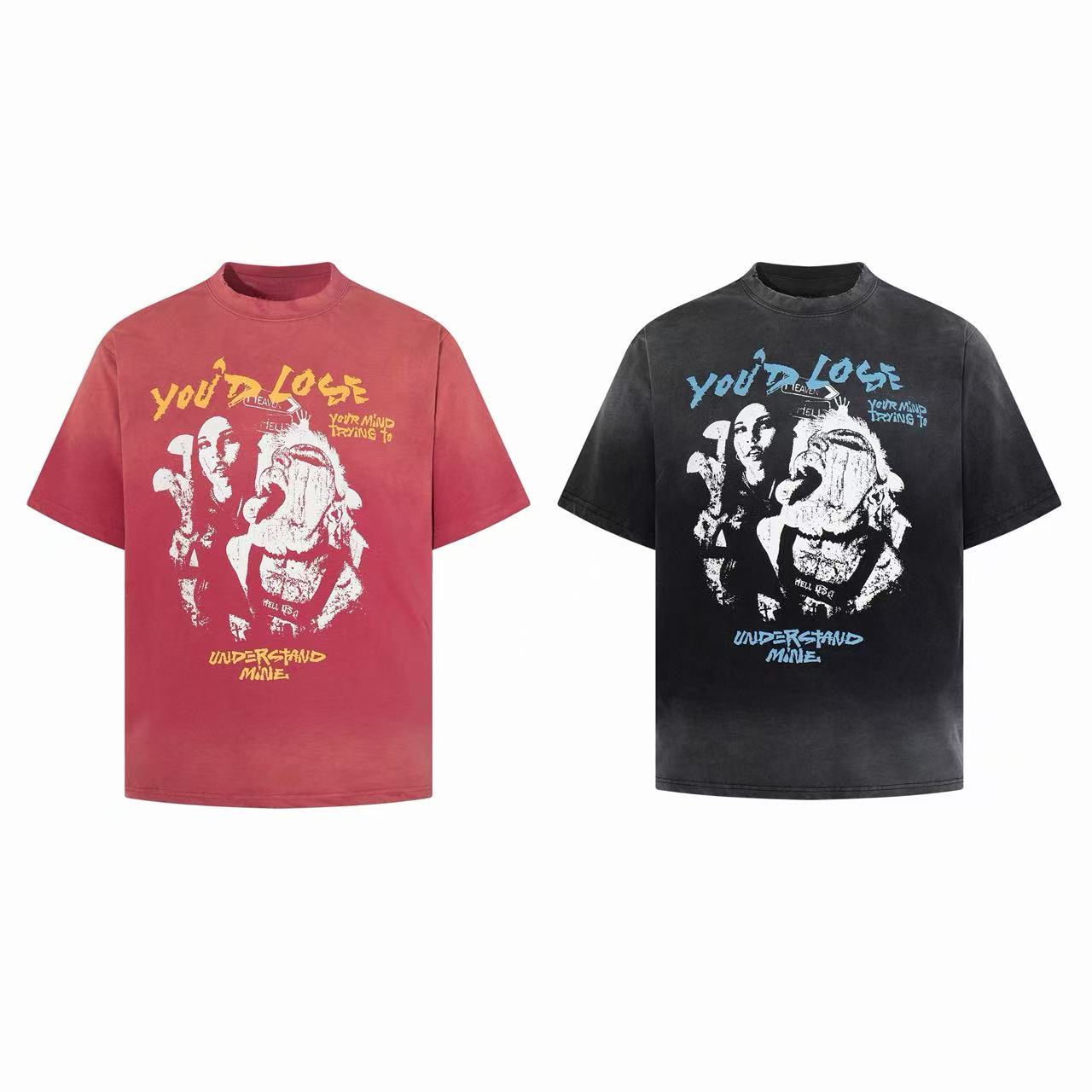 Omirad You'd Lose graphic tee in faded black with blue grunge typography and distorted duo print, relaxed fit