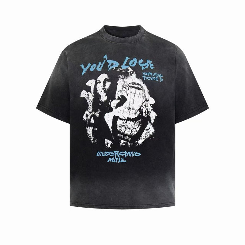 Black washed vintage tee with grunge graphic print and blue text, featuring a distressed oversized fit