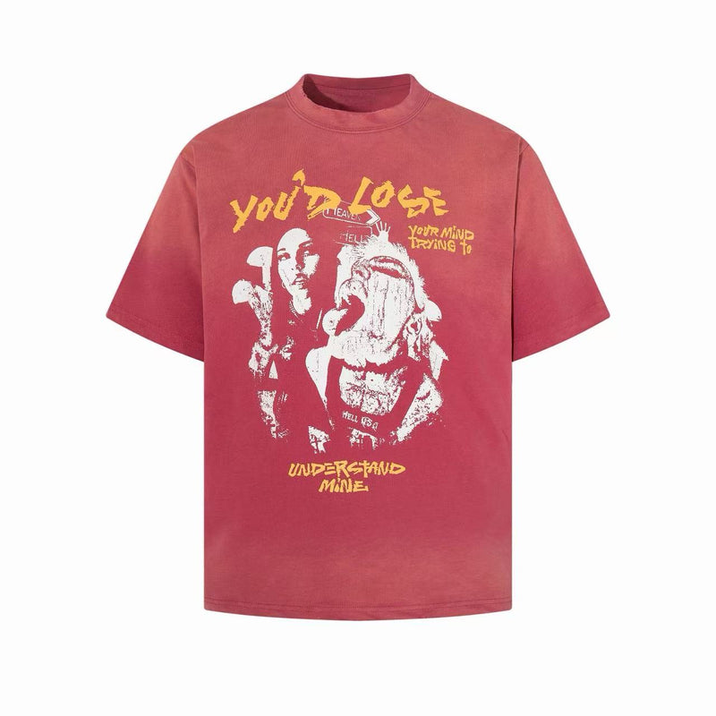 Washed red grunge graphic tee with vintage fit and distressed white print reading You’d Lose on the front