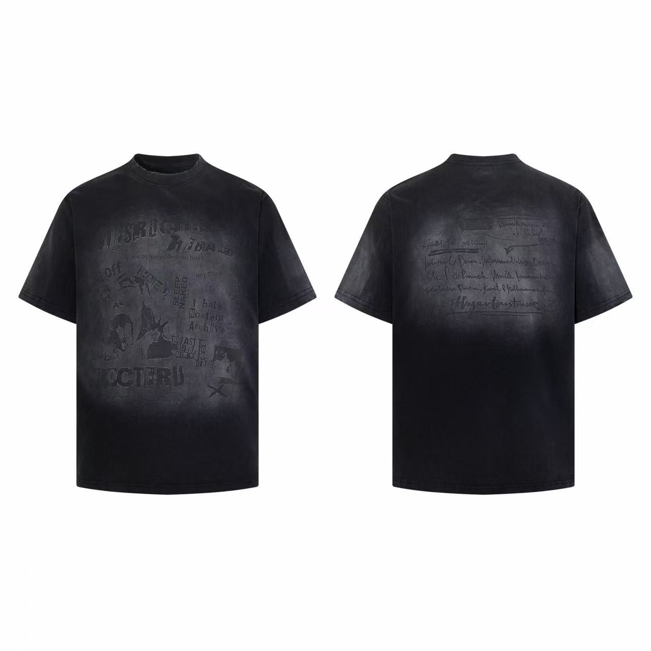 Front and back view of Omirad Nocturnal Archive black washed graphic tee with faded collage-style print