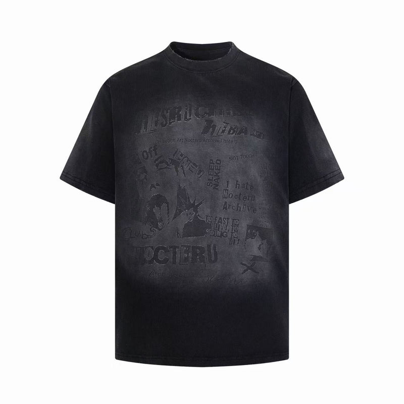 Washed black oversized graphic tee with faded gothic-style print and vintage distressed finish