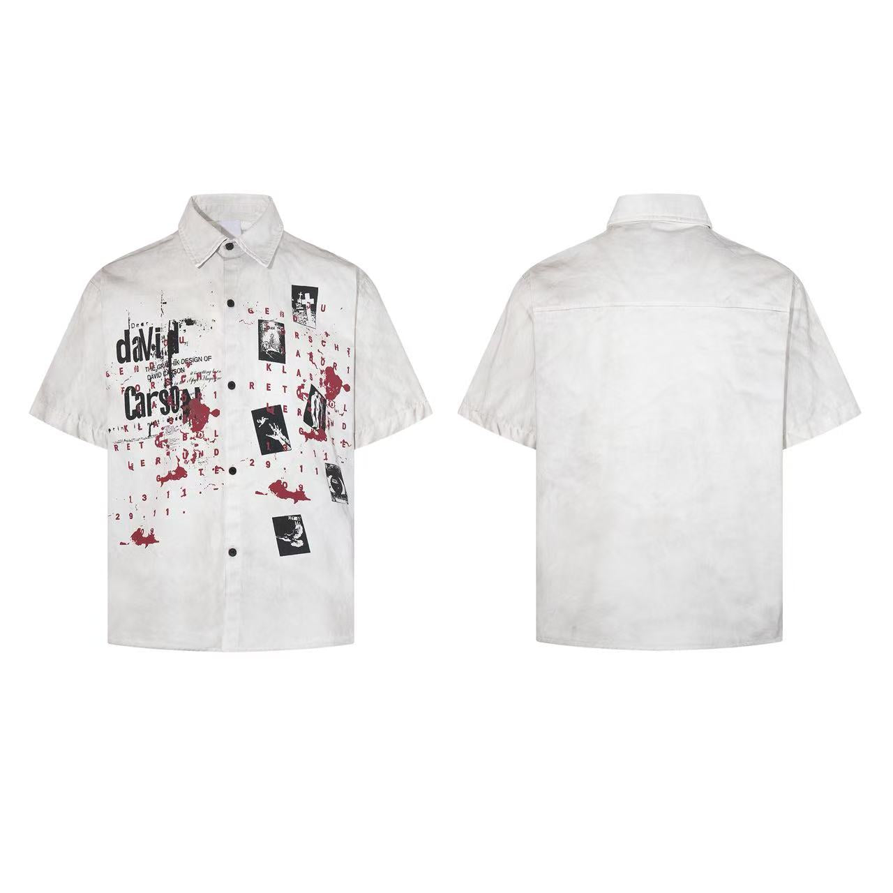Omirad Distorted Archive white short sleeve shirt with David Carson collage typography and red paint-splatter print, front an