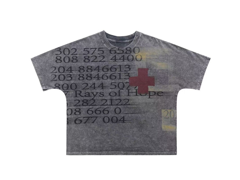 Vintage wash oversized gray graphic tee with Rays of Hope text, phone numbers, and a faded red cross print