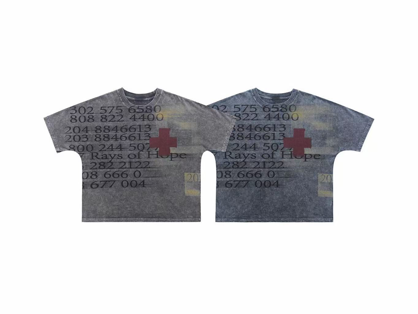 Omirad Rays of Hope vintage wash grey oversized tee with numeric graphic print and red cross motif on the front