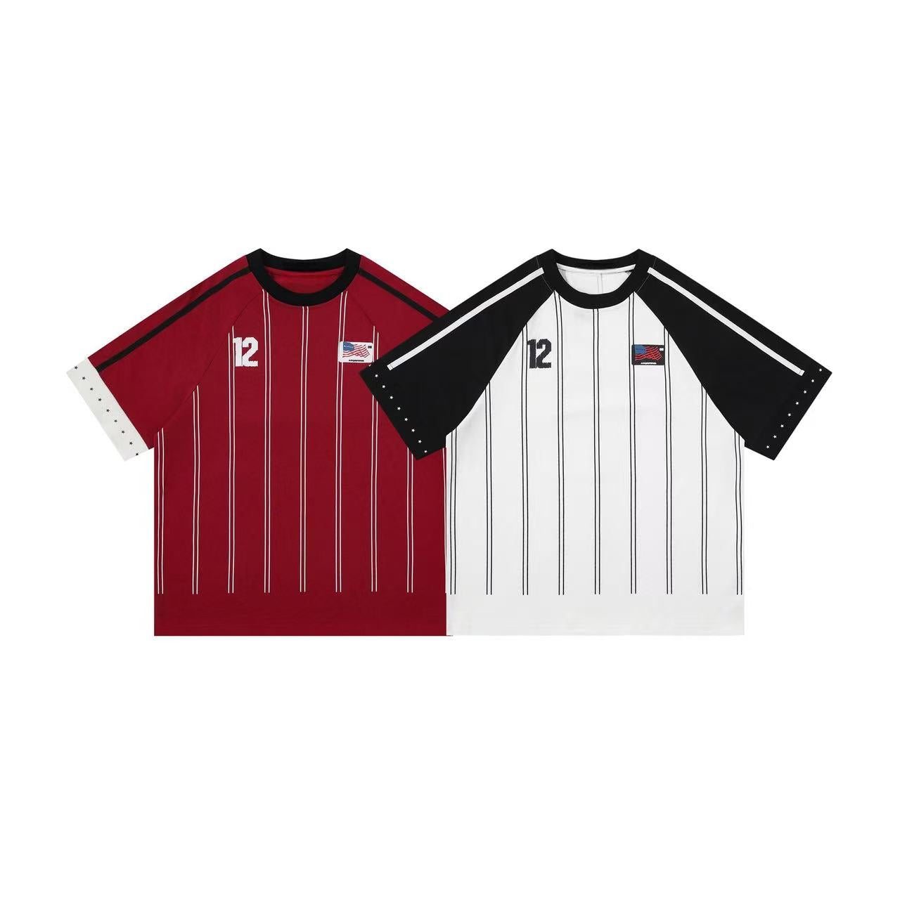 Omirad Pinstripe Sport Jersey Tee in crimson red with black raglan sleeves, number 12 chest print, and white star cuffs