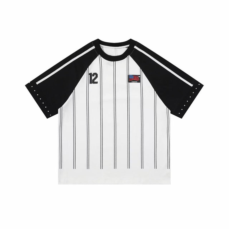 Black and white pinstripe sport jersey tee with number 12 and short raglan sleeves, streetwear style
