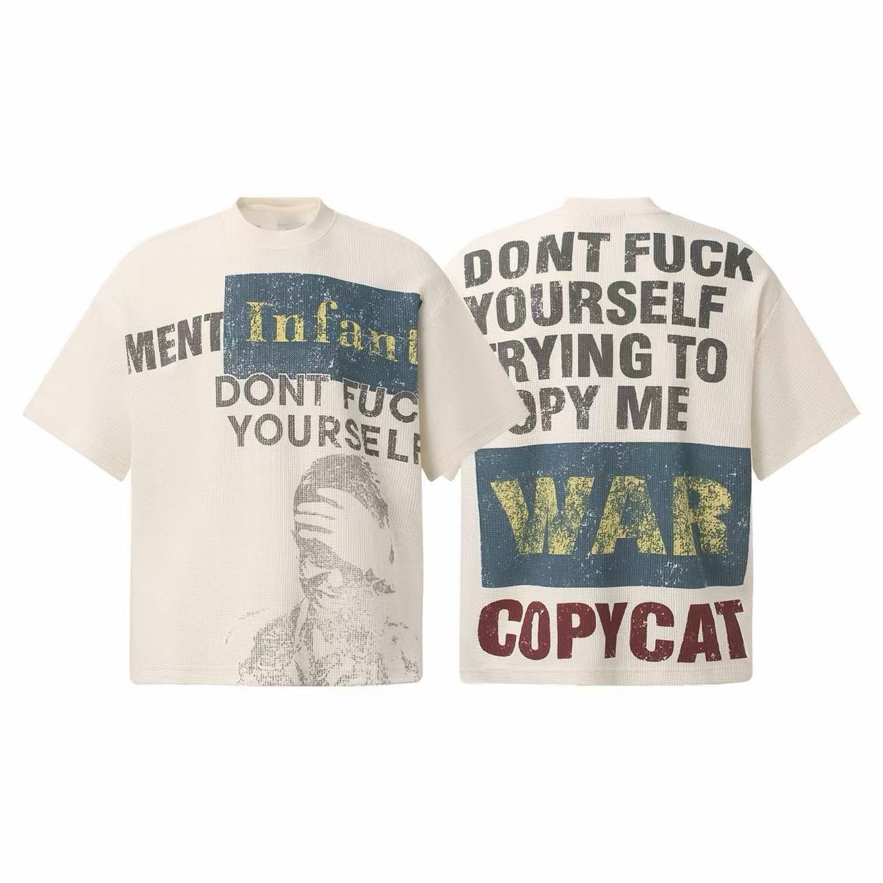 Cream waffle knit tee with distressed copycat statement graphic print on front and back, shown flat on white background