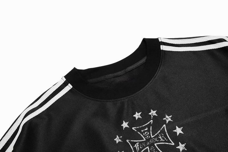 Black gothic mesh sport tee with white striped shoulders and distressed star graphic on chest