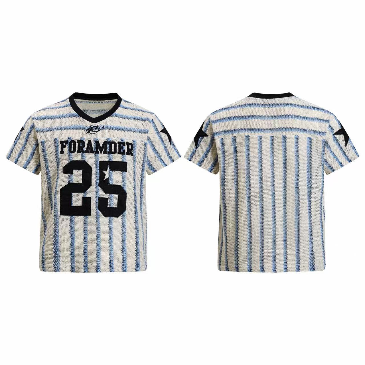 Front and back view of cream and blue vertical stripe knit tee with varsity number 25 graphic and black V-neckline