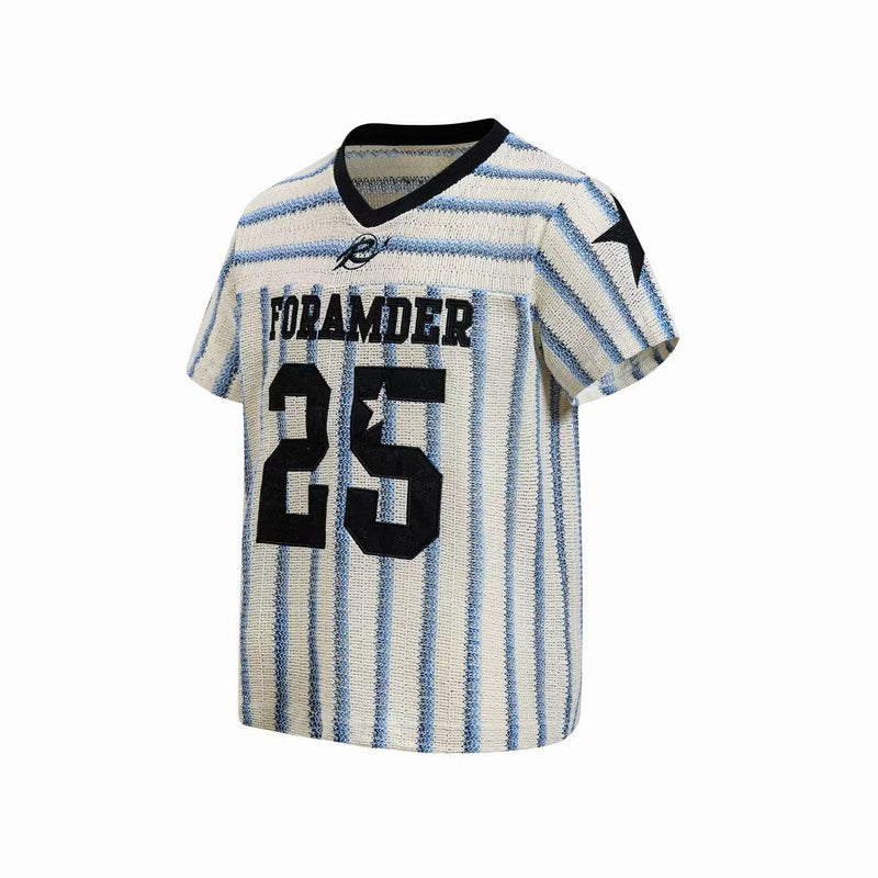 Cream and blue striped knit varsity tee with black V-neck, star shoulder detail, and bold 25 front graphic