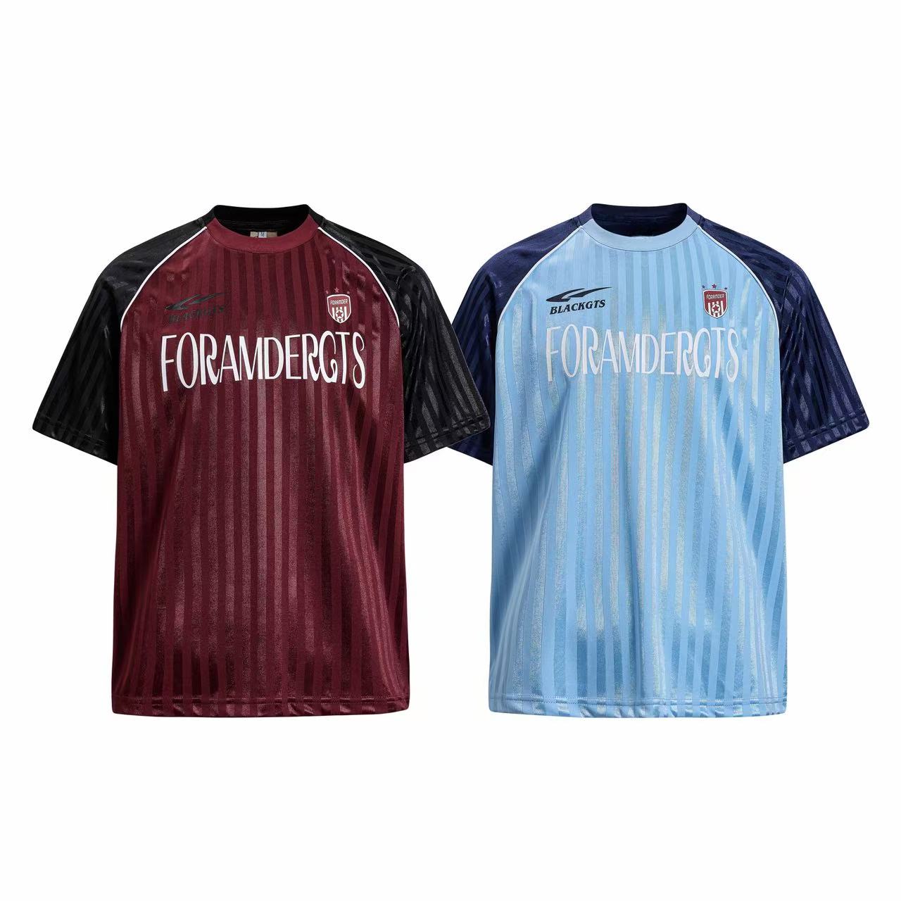 FORAMDERGTS Velocity Stripe Performance Tee in maroon with black raglan sleeves and sky blue with navy raglan sleeves, front