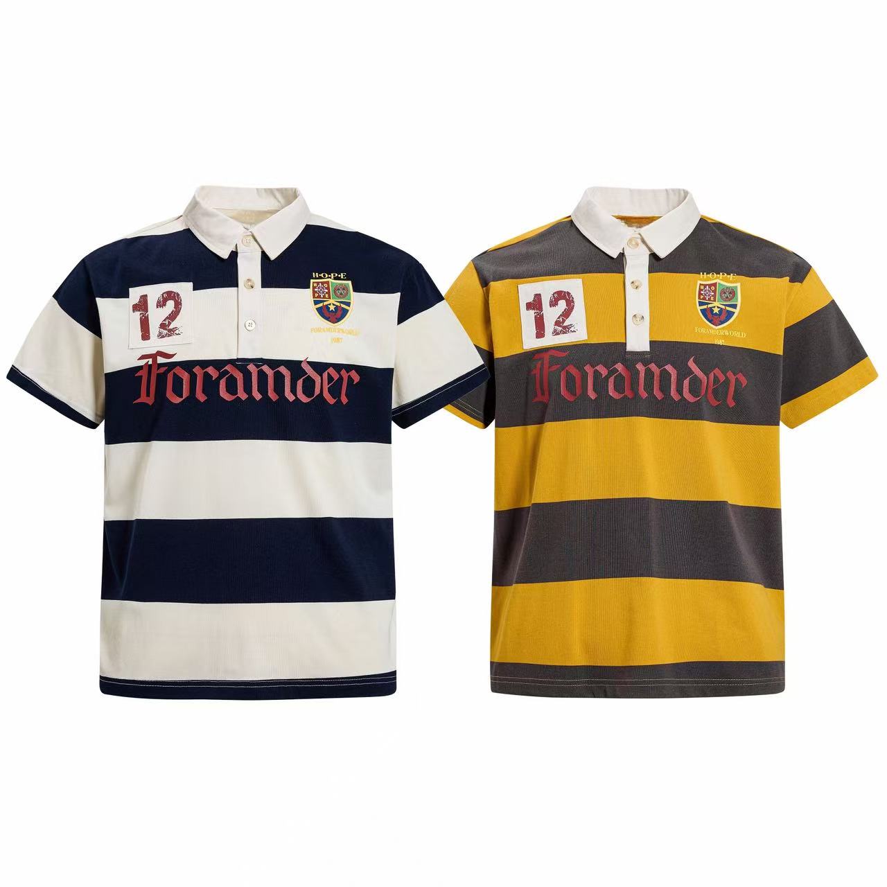 Two Omirad Heritage Stripe Rugby Polos side by side — navy and cream stripe left, mustard yellow and dark brown stripe right,