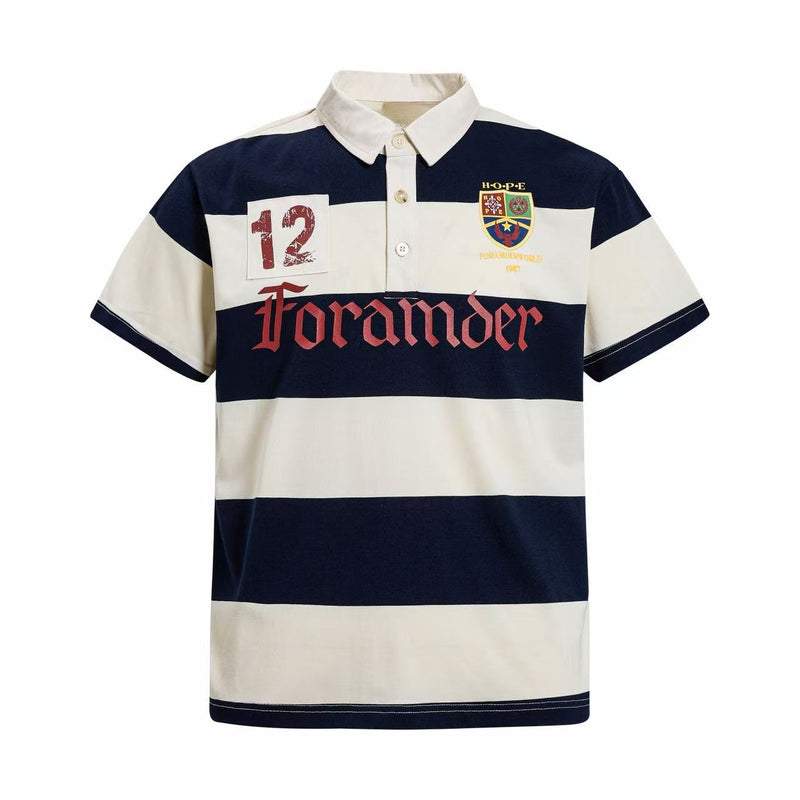 Navy and white striped rugby polo shirt with crest patch, red front graphic, and classic collar