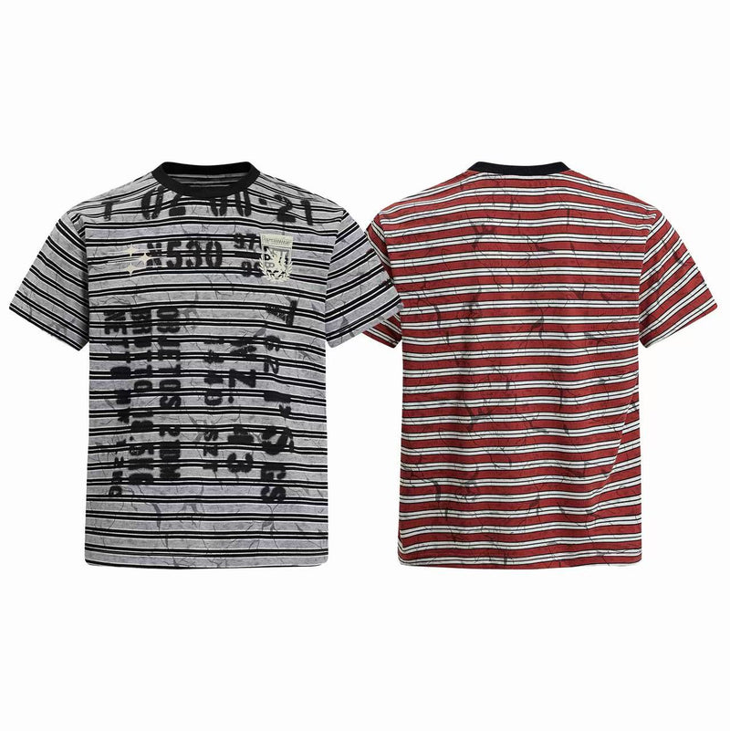 Graphic striped streetwear T-shirt with black graffiti print, shown front and back in gray and red colorways