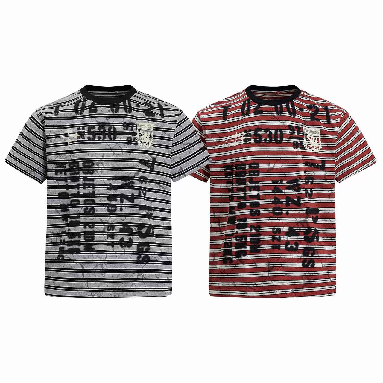 Omirad Graffiti Stripe Chaos Tee shown in grey and red colorways with bold number and letter print overlay