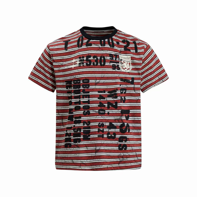 Red and white striped streetwear T-shirt with black graffiti-style print and a black crew neck