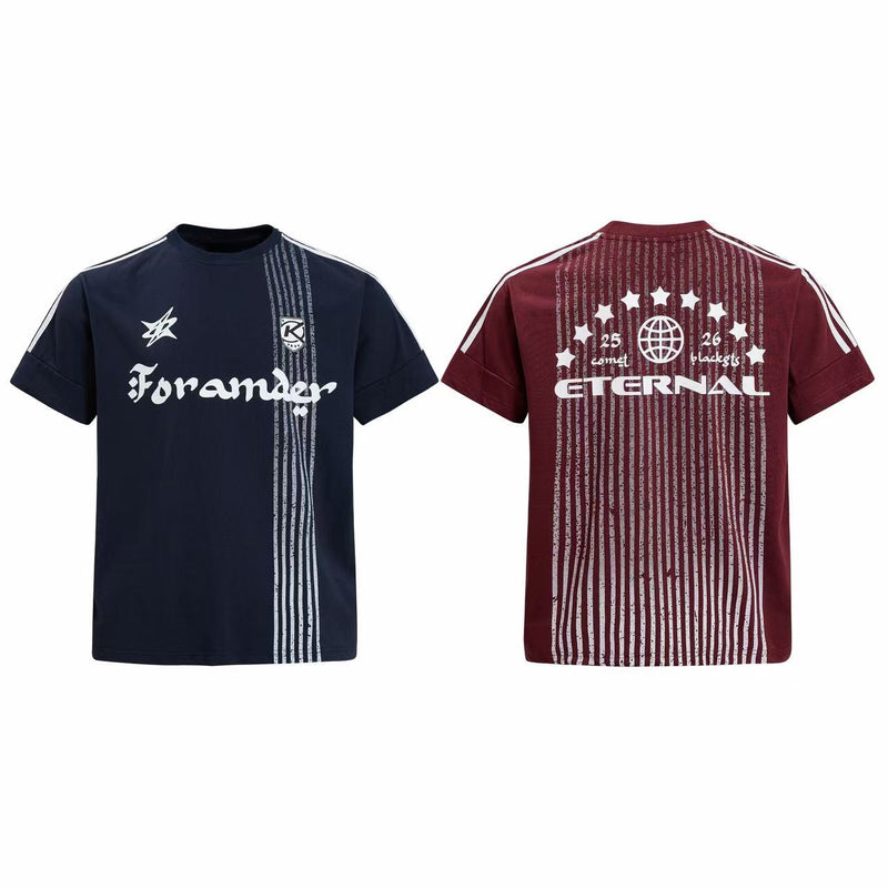 Front and back views of a striped graphic sport tee in navy and burgundy with bold Foramder lettering