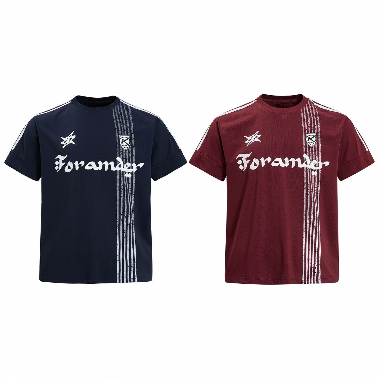 Foramder Velocity Line Sport Tee shown in navy and burgundy with distressed vertical stripe graphic and script logo on chest