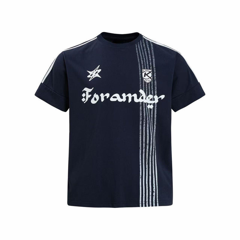 Navy sport tee with white stripe graphics, Foramder logo print, and crew neck athletic style