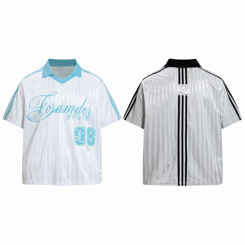 White retro football jersey with light blue collar and script front, shown front and back with black striped detailing