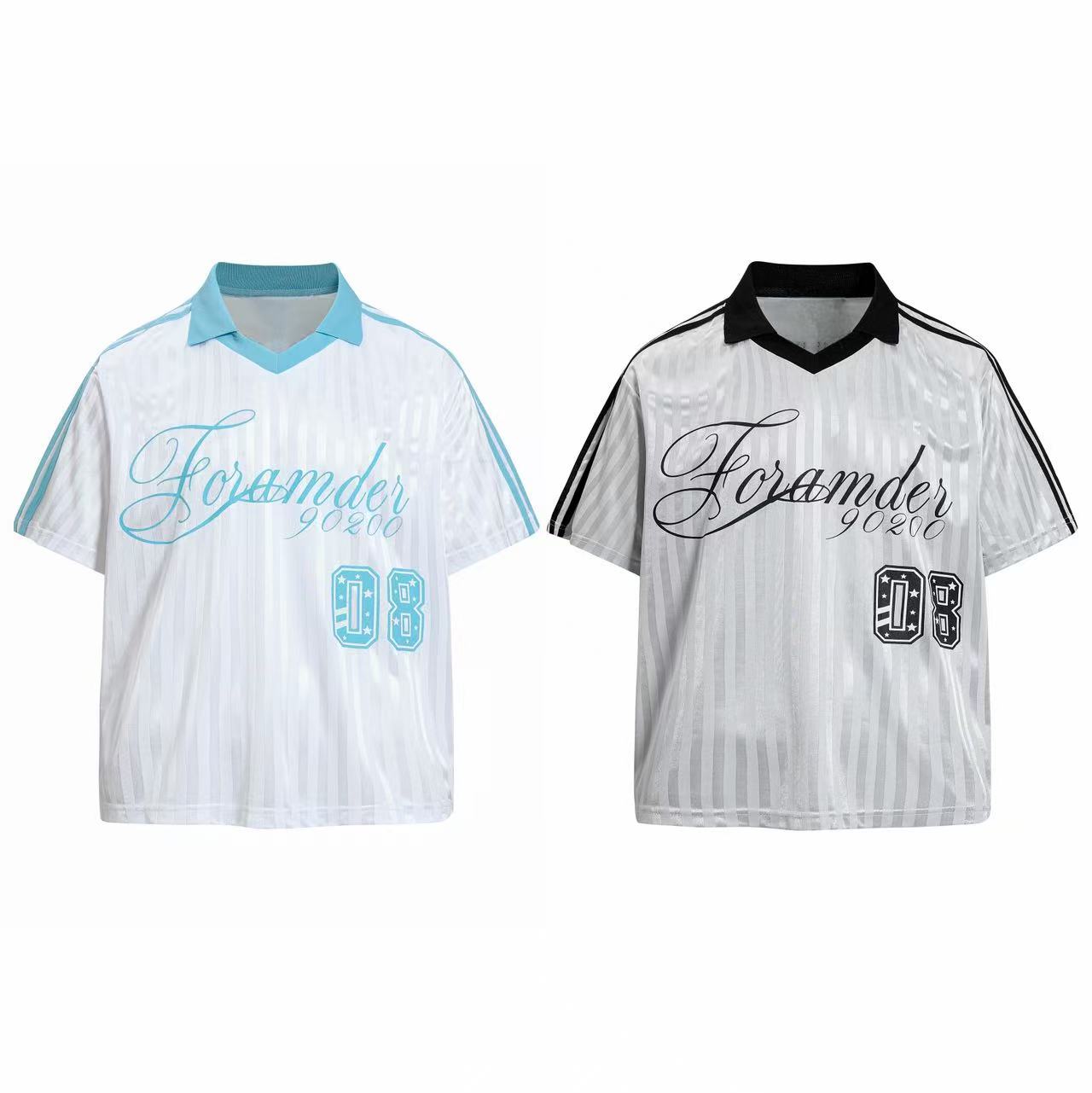 Omirad Script Stripe Football Jersey in white with light blue contrast collar and teal script logo, front view