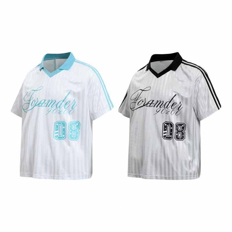 Two retro script stripe football jerseys in white, one with sky blue accents and one with black accents, featuring number 08 detail