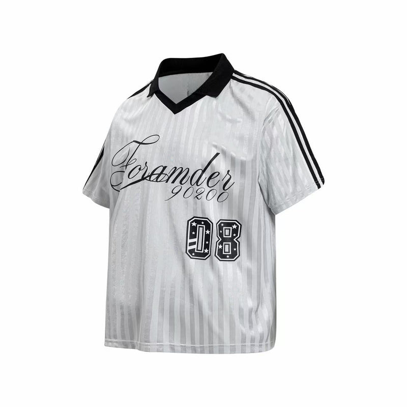 Black and white retro football jersey with striped sleeves, script lettering, and bold 08 graphic on the front