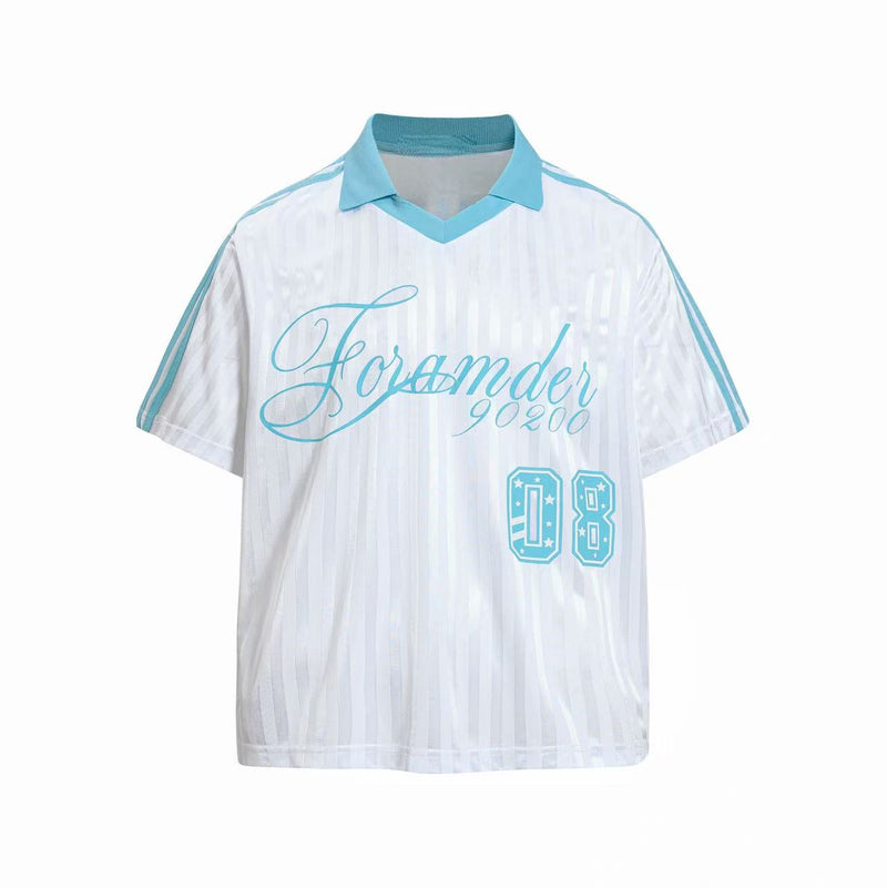 White and aqua retro football jersey with script logo, striped sleeves, and number 08 on the chest