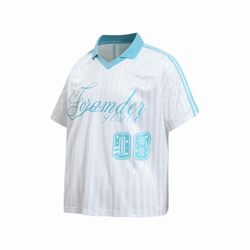 White retro football jersey with aqua collar and stripes, script front graphic, and bold 08 number detail