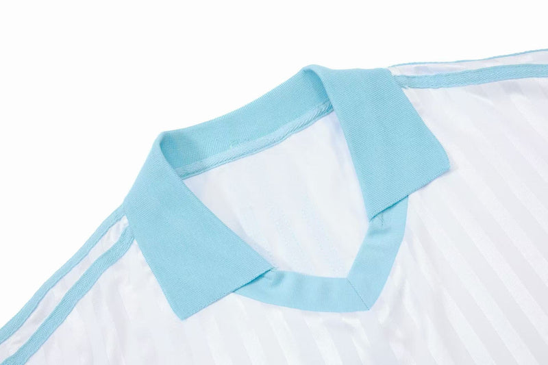Light blue and white striped football jersey collar with retro ribbed trim on a clean white background