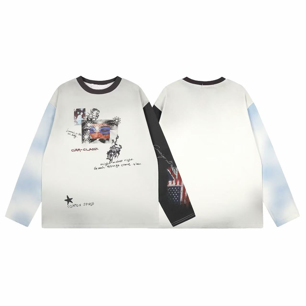 Front and back view of a white long sleeve tee with vintage collage graphic print, blue gradient left sleeve, and black Ameri