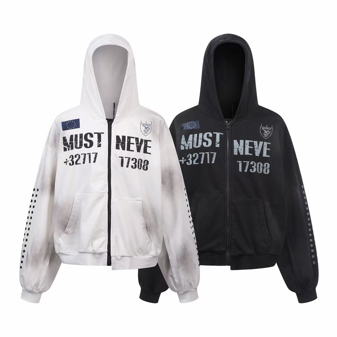 Omirad Distressed Sport Zip Hoodie shown in white tie-dye wash and solid black, featuring bold MUST NEVE graphic print and do