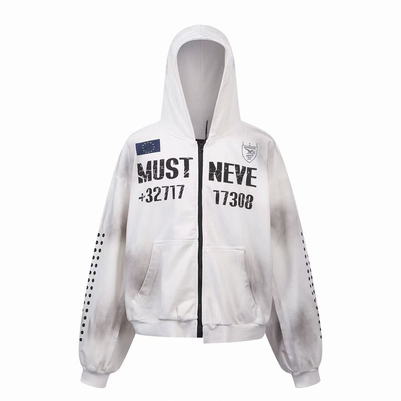 White zip hoodie with black distressed front graphics, EU-style flag patch, and dotted sleeve detail