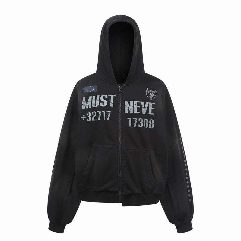 Black zip hoodie with gray distressed front graphics, EU-style flag patch, and dotted sleeve detail