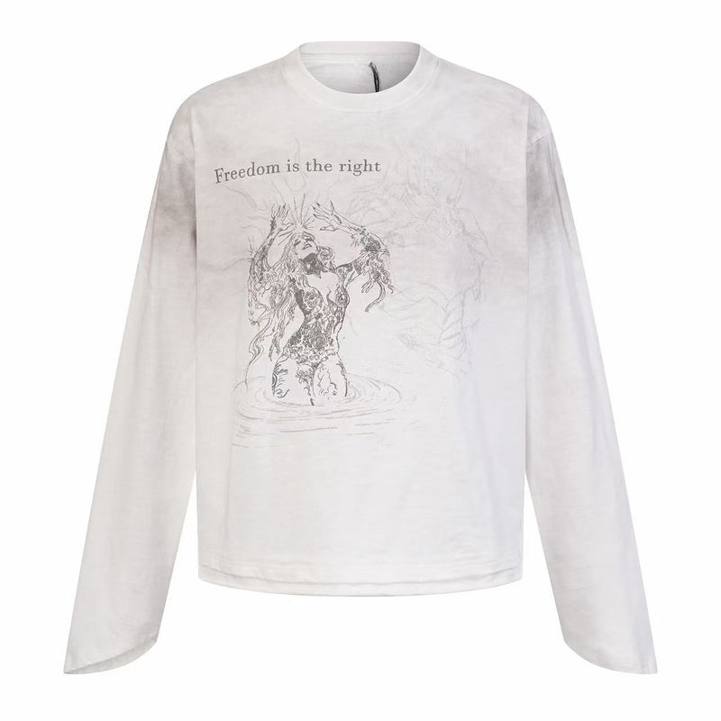 White long sleeve tee with front sketch print and “Freedom is the right” text