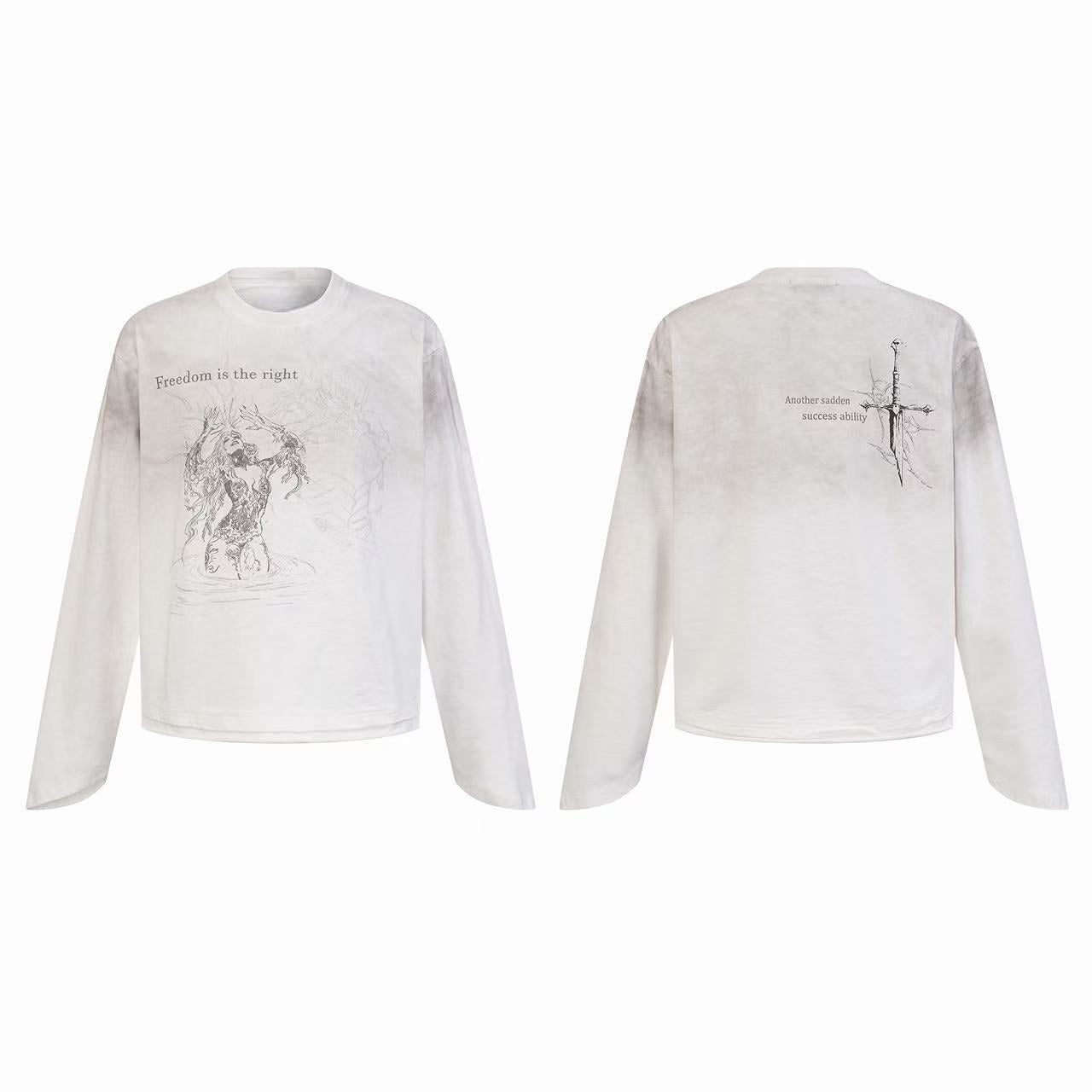 White vintage washed long sleeve tee with sketch illustration of a figure rising from water and Freedom is the right text on