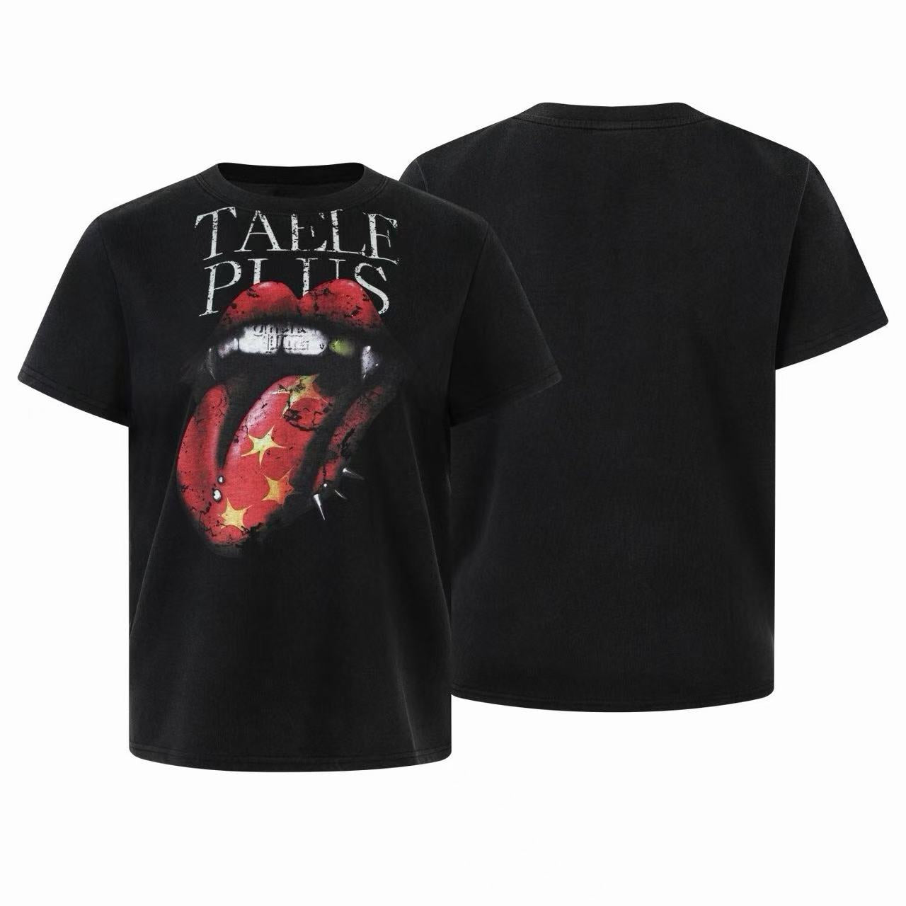 Black oversized graphic tee with distressed lips and tongue print, spiked detailing, and cracked red texture on front