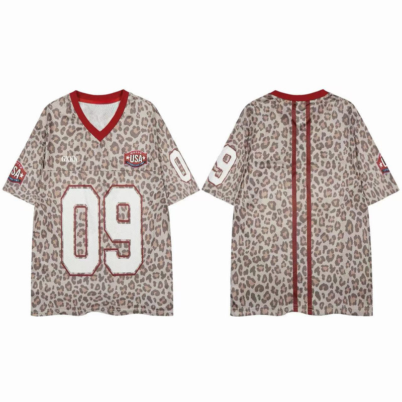 Leopard print mesh varsity jersey with red trim, V-neck, and large 09 number on front and back